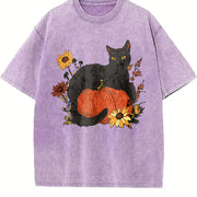 Halloween Holiday Animal Cat Floral Pumpkin One-piece Vintage Washed T-Shirt in Purple