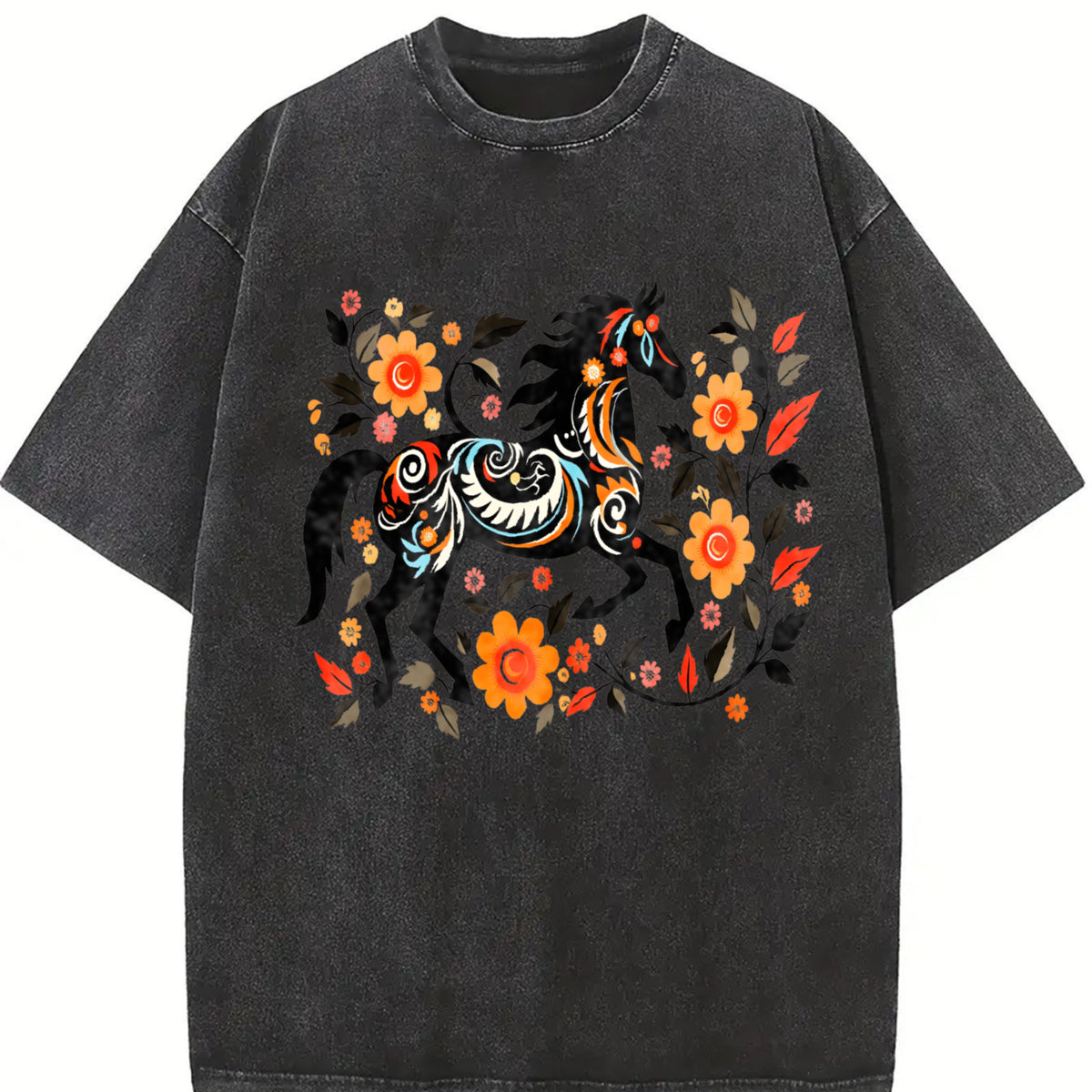 Bohemian Floral & Black Horse Vintage Washed T-Shirt in Black