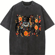 Bohemian Floral & Black Horse Vintage Washed T-Shirt in Black