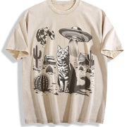 Ufo Western Cat Retro Cat Vintage Washed T-Shirt in Beige