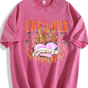 One Love Flame Heart Sleeveless Tank Vintage Washed T-Shirt in Red