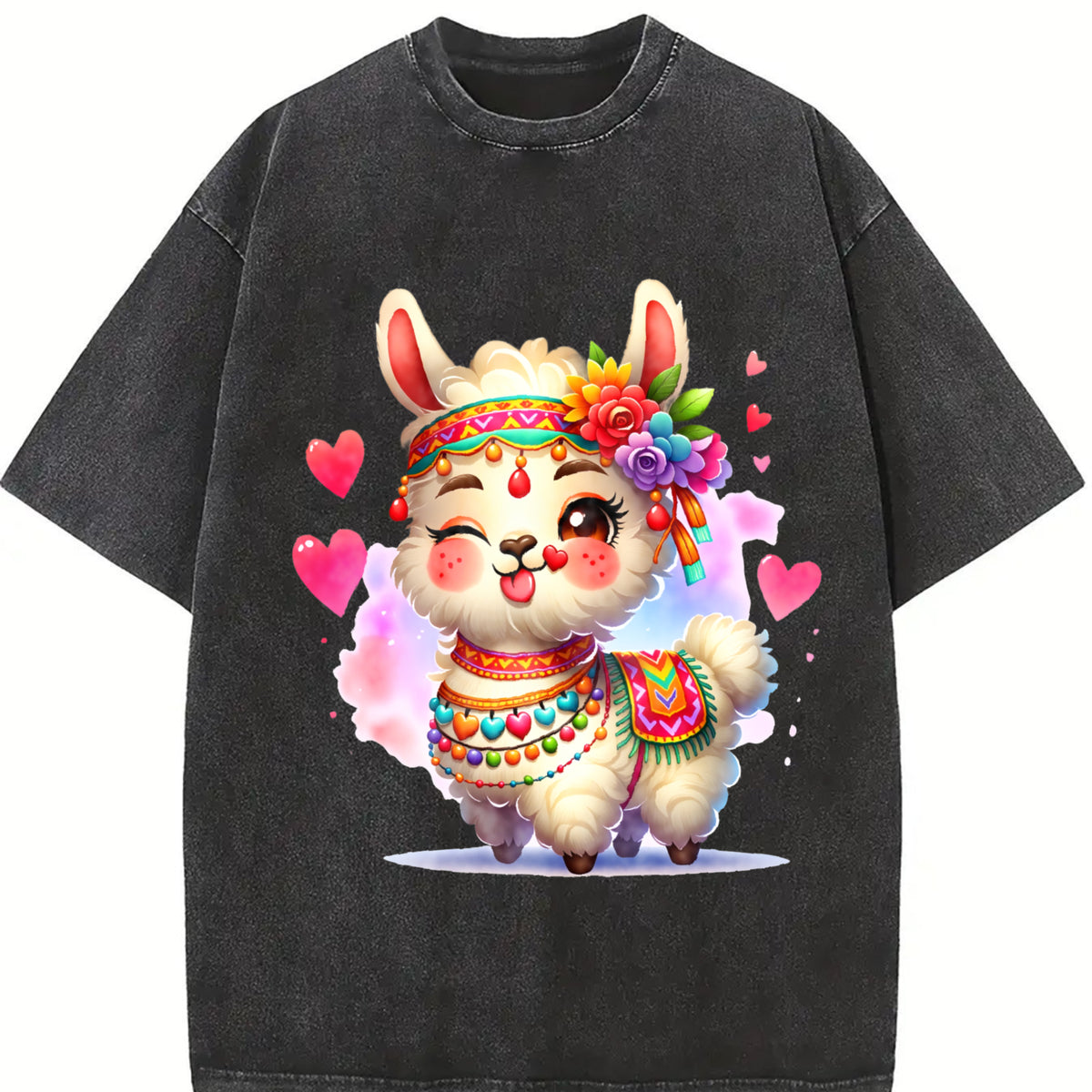 With Llama Hair Accent for Winter Vintage Washed T-Shirt in Black