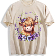 Baby Highland Cow With Purple Flowers Scottish Farm vintage washed oversized T-shirt in Beige