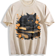 Cat on Book with Autumn Leaves All Seasons Vintage Washed T-Shirt in Beige