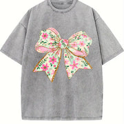 Elegant Bow Batik Retro Brand Vintage Washed T-Shirt in Gray