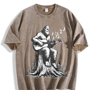 Retro Bigfoot Playing Guitar 90s Vintage Washed T-Shirt in Brown
