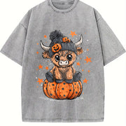 Highland Cow Halloween Vintage Washed T-Shirt in Gray