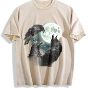 Raven Howling to Moon Vintage Washed T-Shirt in Beige