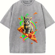 Cat Meme Pizza Galaxy Vintage Washed T-Shirt in Gray