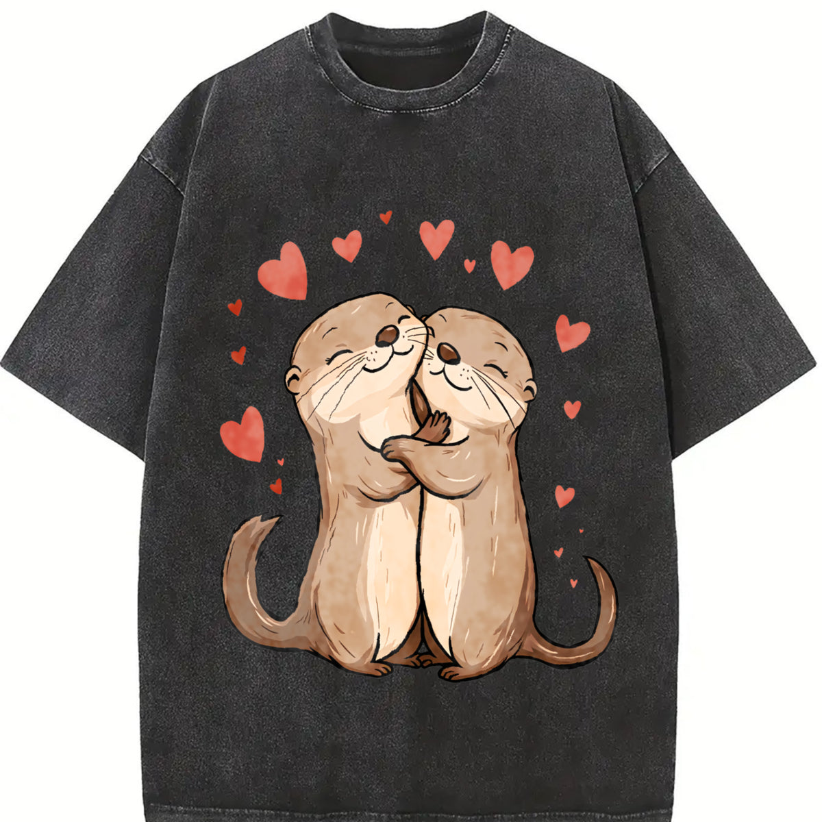Otter Love Cute Hugging Otters Vintage Washed T-Shirt in Black