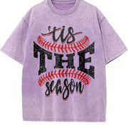 Sports Game Day Faux Glitter Tis the Season Baseball Vintage Washed T-Shirt in Purple