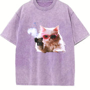 1pcscute Cat T-shirtmen's Vintage Washed T-Shirt in Purple