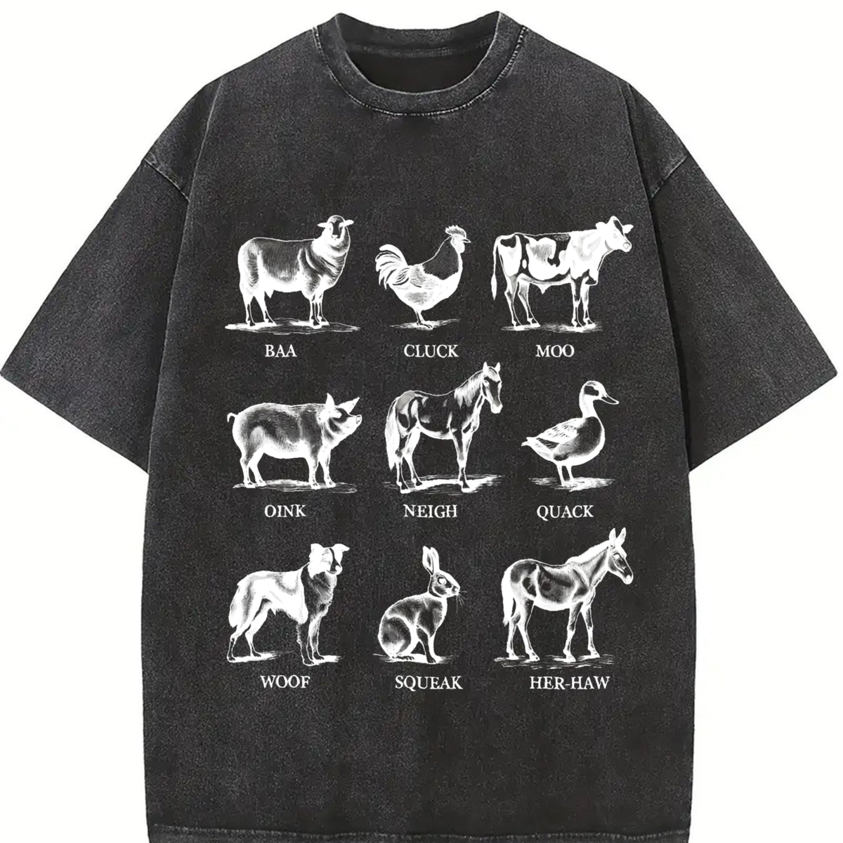 Retro Farm Animals Vintage Washed T-Shirt in Black