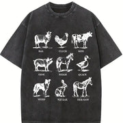 Retro Farm Animals Vintage Washed T-Shirt in Black