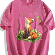 Autumn a Spring Floral and Fox Round-neck Short-sleeve Vintage Washed T-Shirt in Red