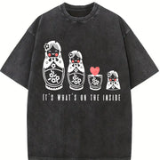 Retro Russian Nesting Wooden Dolls 90s Vintage Washed T-Shirt in Black