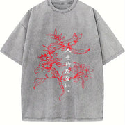 Japanese Floral & Text Distressed Sleeveless Tank Vintage Washed T-Shirt in Gray