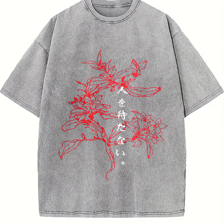 Japanese Floral & Text Distressed Sleeveless Tank Vintage Washed T-Shirt in Gray