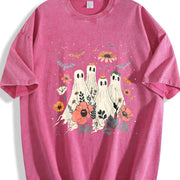 2024 Halloween Playful Ghosts with Crowns & Floral Bats Vintage Washed T-Shirt in Red