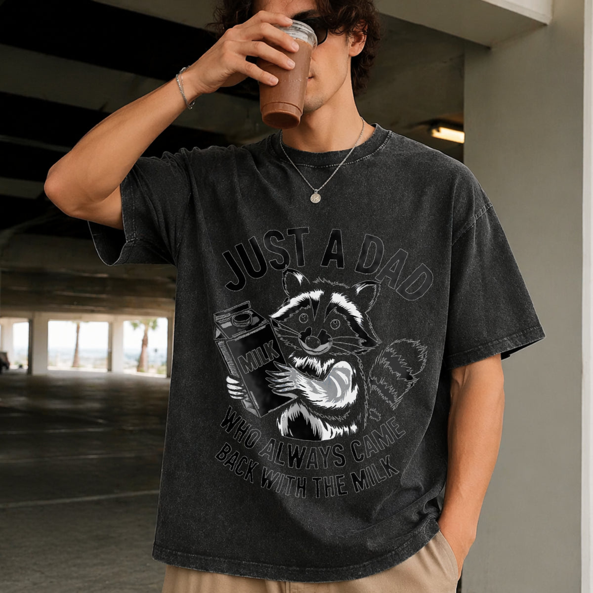 Just a Dad Who Always Came Back with the Milk Vintage Washed T-Shirt in Black