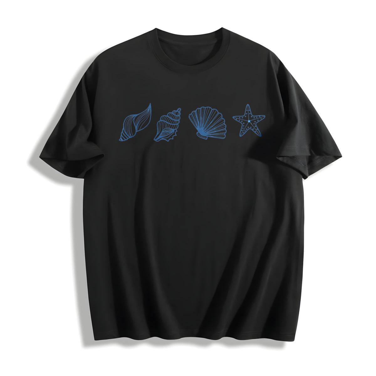 Seashells Embroidered Cotton T-Shirt in Black