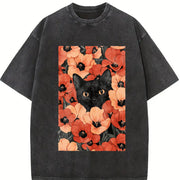 Blockbuster Black Cat and Red Daisy Vintage Washed T-Shirt in Black