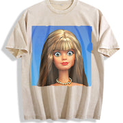 Brunette Glam Doll Portrait Vintage Washed T-Shirt in Beige