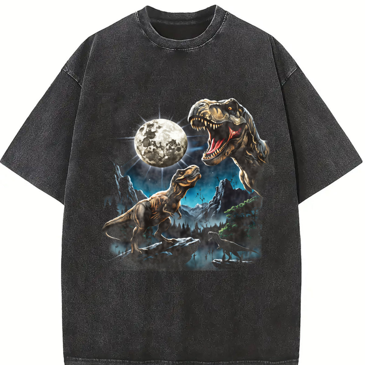 T Rex Moon Retro Dinosaur Prehistoric Vintage Washed T-Shirt in Black