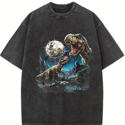 T Rex Moon Retro Dinosaur Prehistoric Vintage Washed T-Shirt in Black