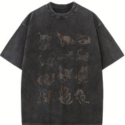 Cats Retro 90s Tattoo Vintage Washed T-Shirt in Black