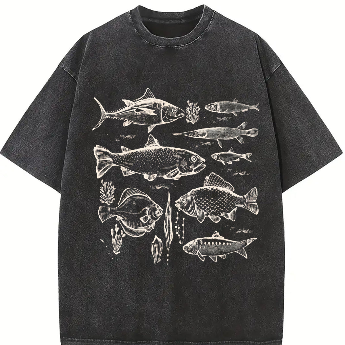 White Landscape Line Art Vintage Washed T-Shirt in Black