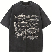 White Landscape Line Art Vintage Washed T-Shirt in Black