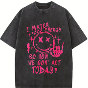 Smiling Skull and Crossbones with Pink Energy Slogan Vintage Washed T-Shirt in Black