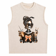 Skull Coffee Peace Sign Vintage Washed Tank Top in Beige