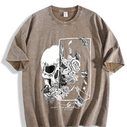 With Gothic Skull & Rose Vintage Washed T-Shirt in Brown