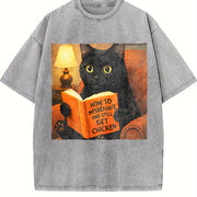 Cat Reading Book Vintage Washed T-Shirt in Gray