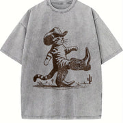 Cowboy Cat Western Cat Vintage Washed T-Shirt in Gray
