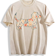Floral Dachshund Wiener Dog Vintage Washed T-Shirt in Beige