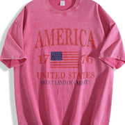 America 1776 Distressed Patriotic USA Liberty Fourth July Vintage Washed T-Shirt in Red