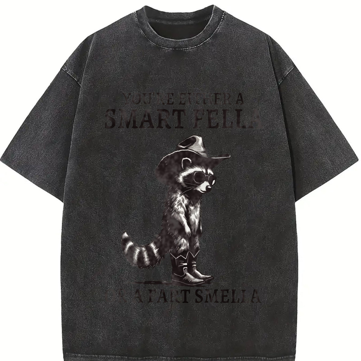 Retro Smart Fella Raccoon 90s Vintage Washed T-Shirt in Black