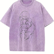 Mother and Child Line Art Vintage Washed T-Shirt in Purple