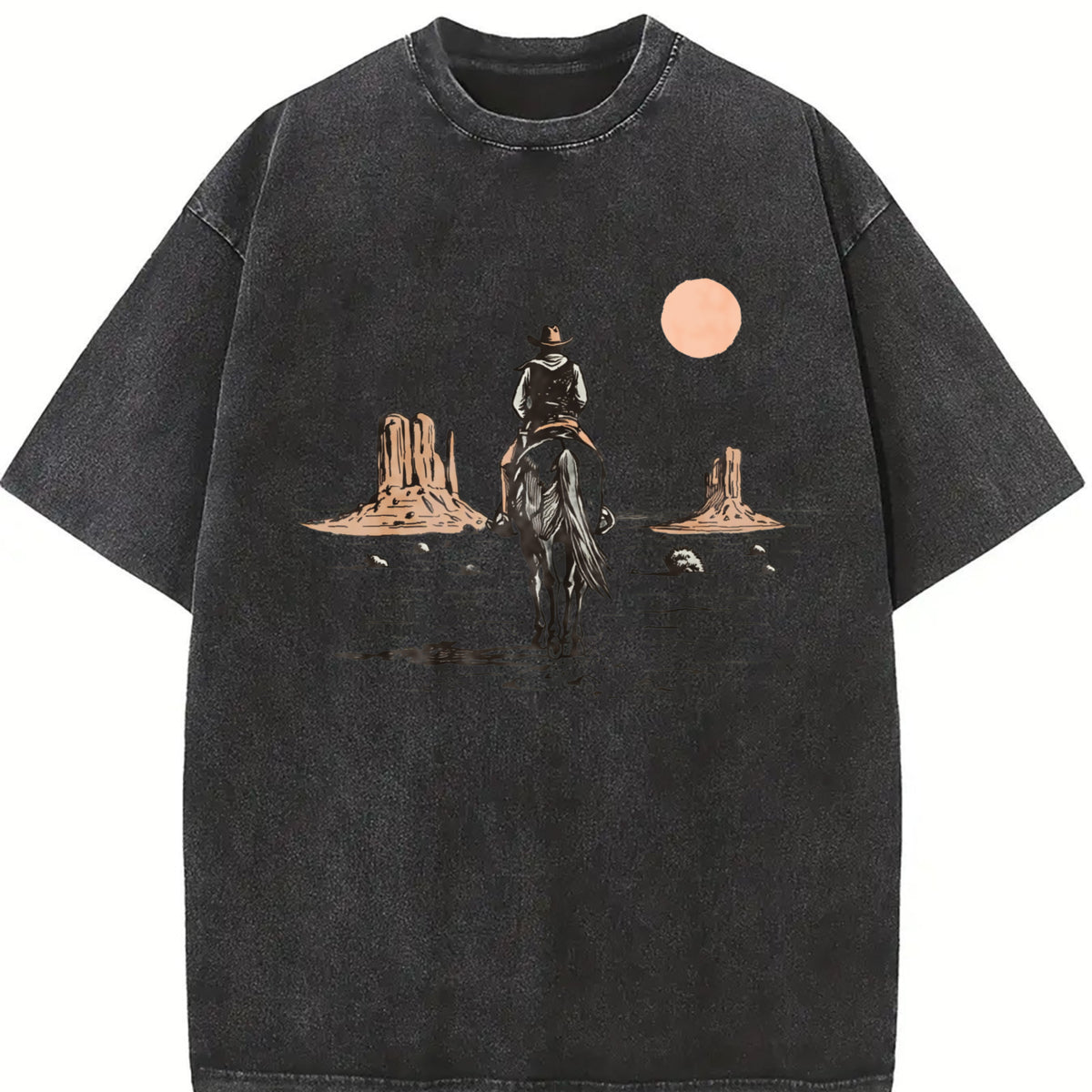 Cowboy on Horse Desert Vintage Washed T-Shirt in Black