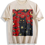 Cat and Red Eyes Gothic Vintage Washed T-Shirt in Beige