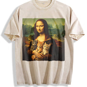 Mona Lisa Cat Renaissance Art Parody Vintage Washed T-Shirt in Beige