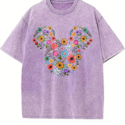 Floral Mouse Head Whimsical Ears Vintage Washed T-Shirt in Purple