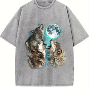 Retro Howling Wolves Vintage Washed T-Shirt in Gray