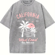 California Surf Beach with Palm Trees & Retro Vintage Washed T-Shirt in Gray