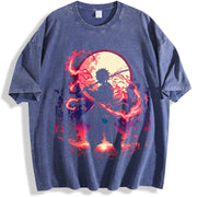 Demon Slayer Kimetsu No Yaiba 2-Sided Printing vintage washed oversized T-shirt in Blue