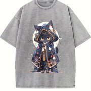 Cute Forest Animal Party Japanese- Black Robe Cat Vintage Washed T-Shirt in Gray
