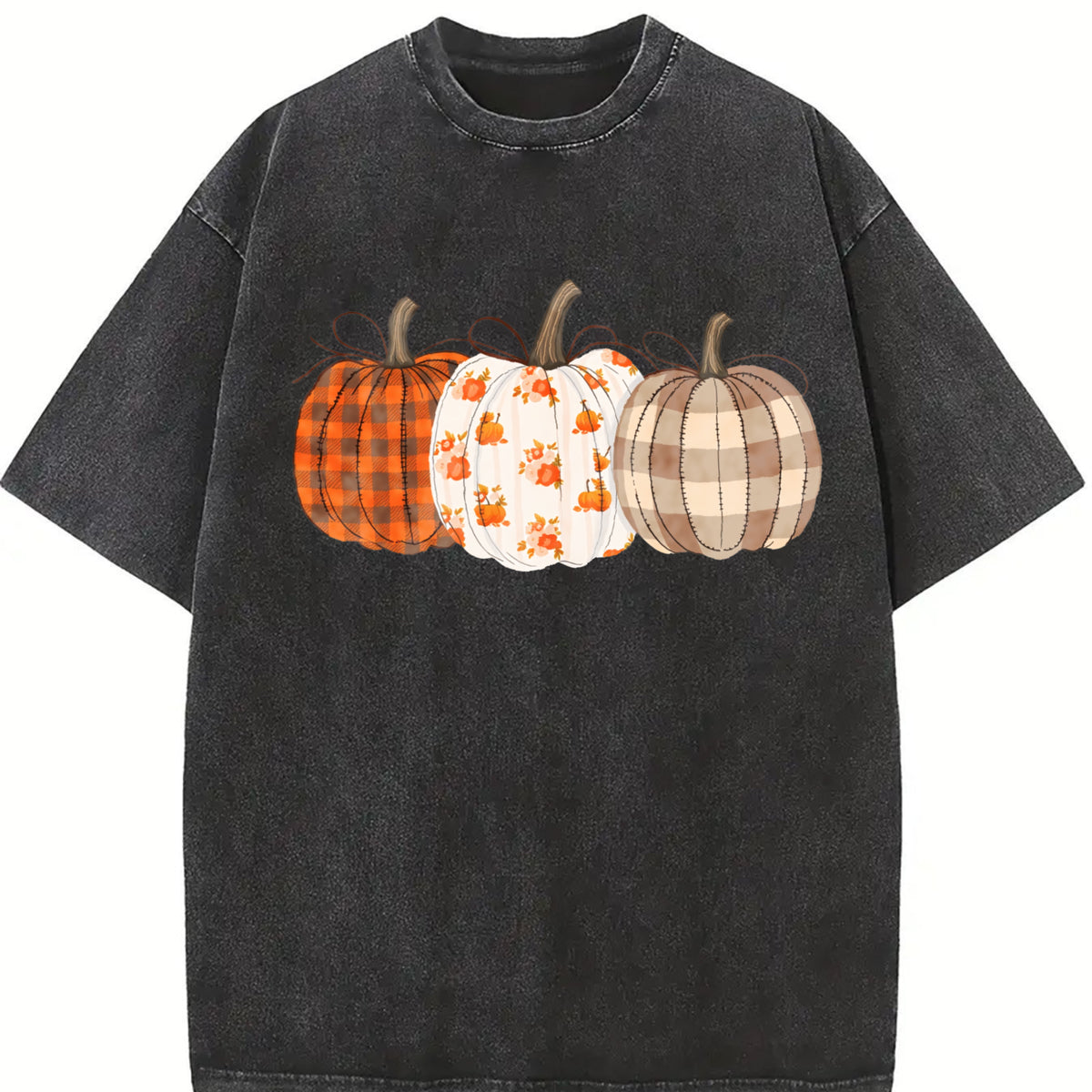 Boho Fall Pumpkin Cute Autumn Vintage Washed T-Shirt in Black